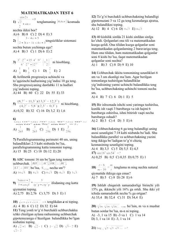 MATEMATIKADAN TEST-6 36-talik kaliti bor
