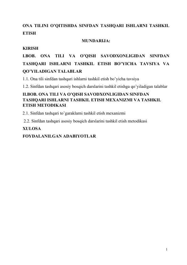 ONA TILINI O’QITISHDA SINFDAN TASHQARI ISHLARNI TASHKIL ETISH