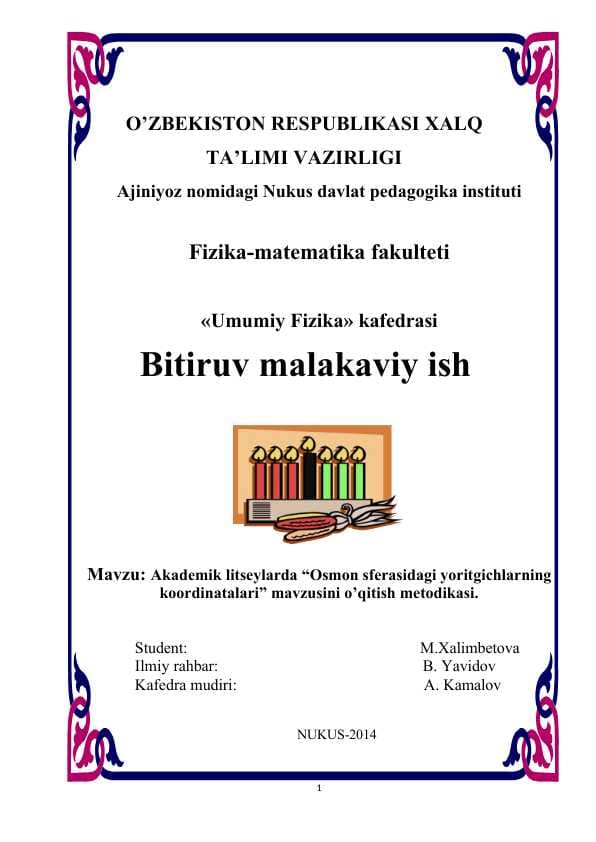 Akademik litseylarda “Osmon sferasidagi yoritgichlarning koordinatalari