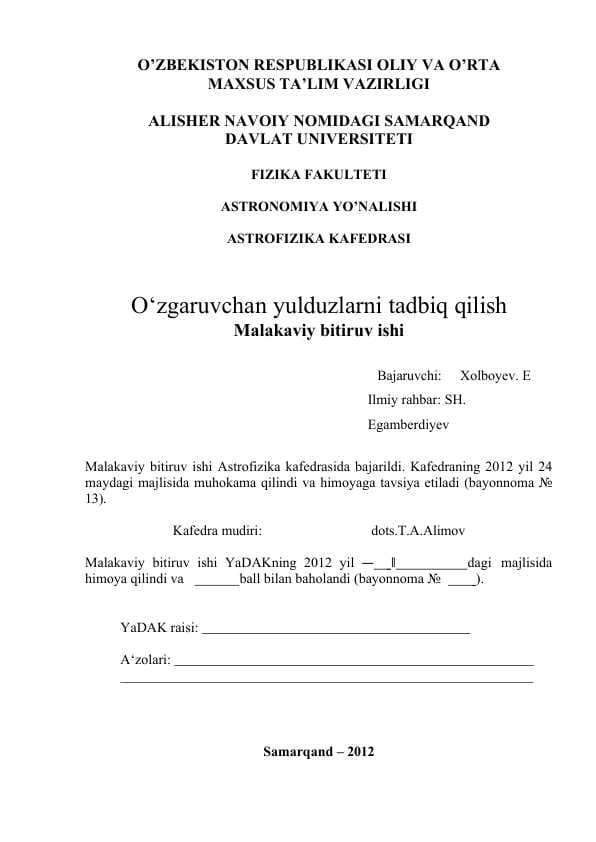 O‘zgaruvchan yulduzlarni tadbiq qilish