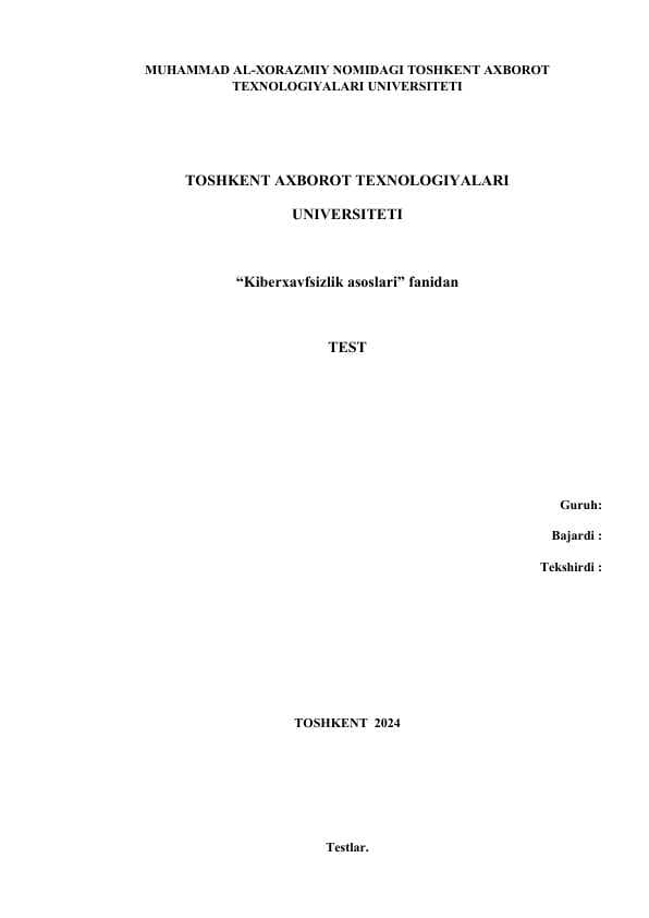 kiberxavfsizlik fanidan testlar
