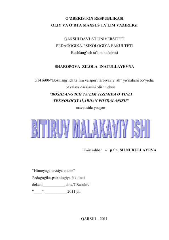 BOSHLANG’ICH TA’LIM TIZIMIDA O’YINLI TEXNOLOGIYALARDAN FOYDALANISH