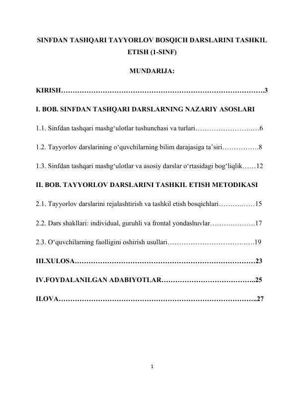 SINFDAN TASHQARI TAYYORLOV BOSQICH DARSLARINI TASHKIL ETISH (1-SINF)