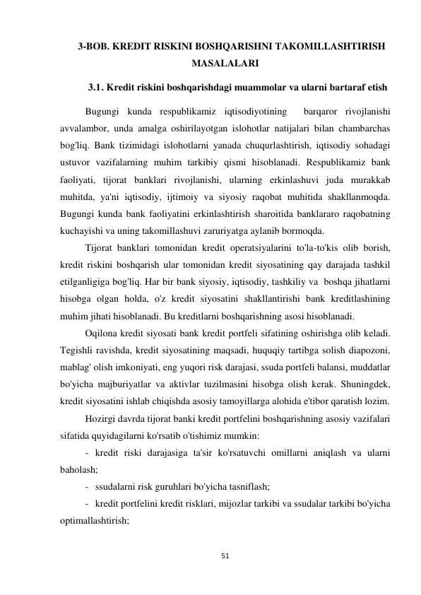 KREDIT RISKINI BOSHQARISHNI TAKOMILLASHTIRISH MASALALARI