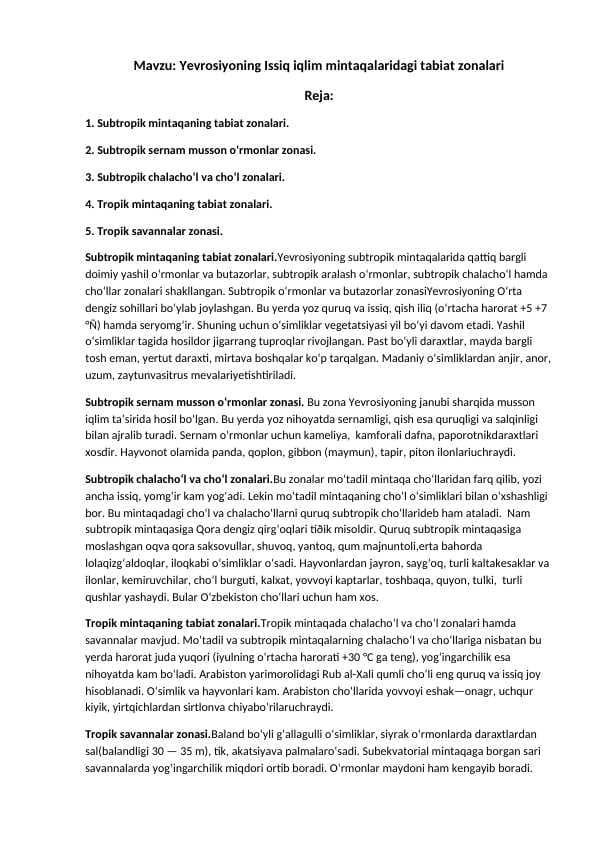 Yevrosiyoning Issiq iqlim mintaqalaridagi tabiat zonalari