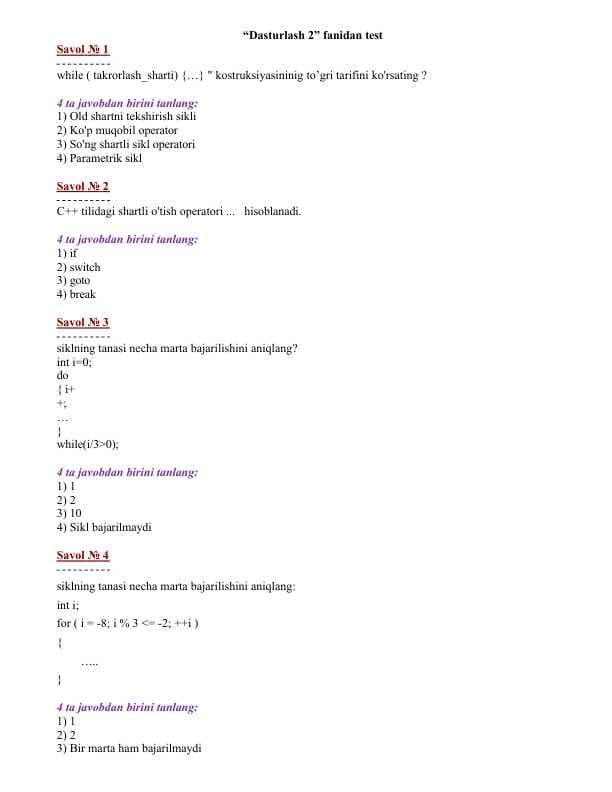 Dasturlash c++ javoblari bilan