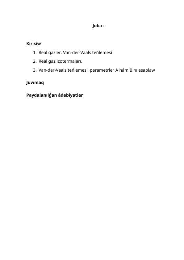 Van-der-Vaals teńlemesi, parametrler A hám B nı esaplaw