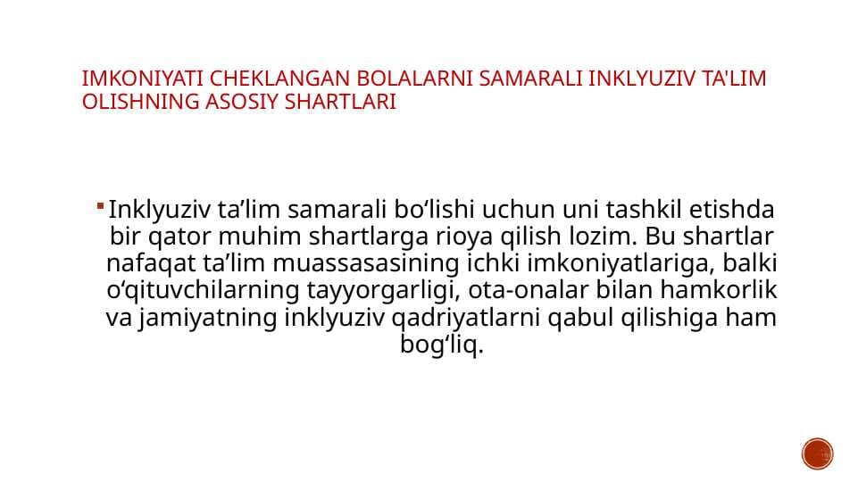 Imkoniyati cheklangan bolalarni samarali inklyuziv ta'lim olishning asosiy shartlari