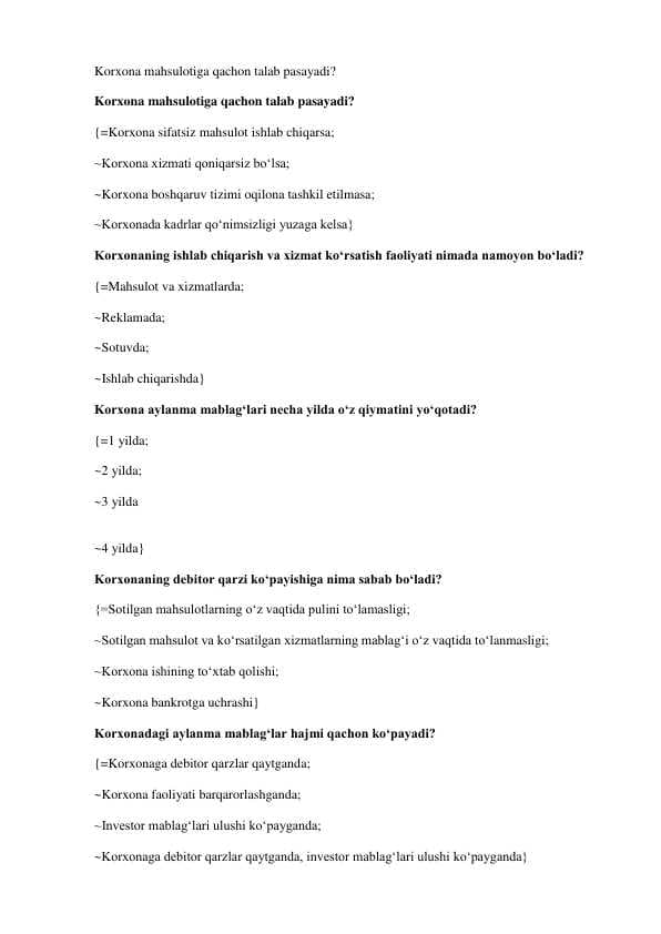 Iqtisod moliya test javoblar