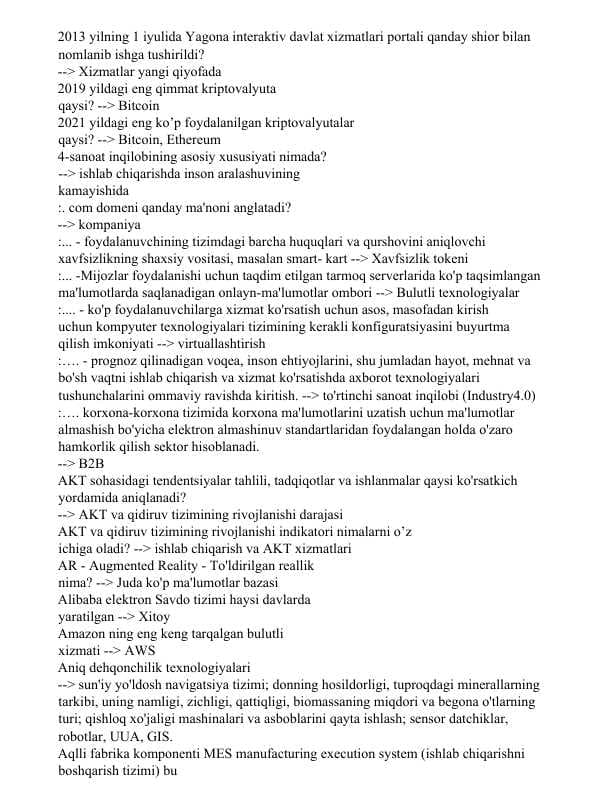 axborot kommunikatsiya texnologiyalari test javoblari