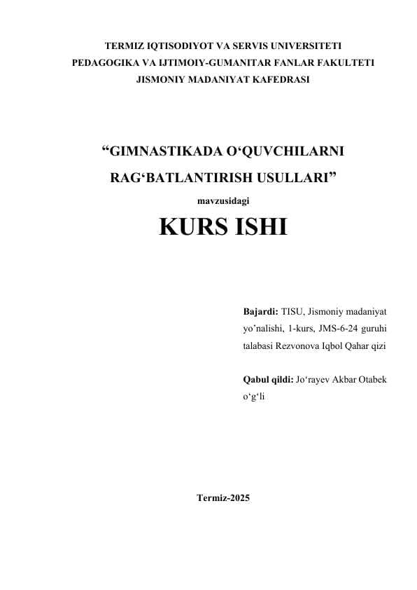 GIMNASTIKADA O‘QUVCHILARNI RAG‘BATLANTIRISH USULLARI