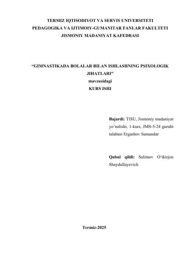 Gimnastikada bolalar bilan ishlashning psixologik jihatlari
