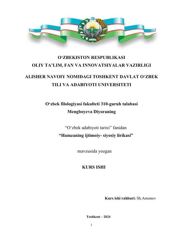 Hamzaning ijtimoiy-siyosiy lirikasi. Kurs ishi