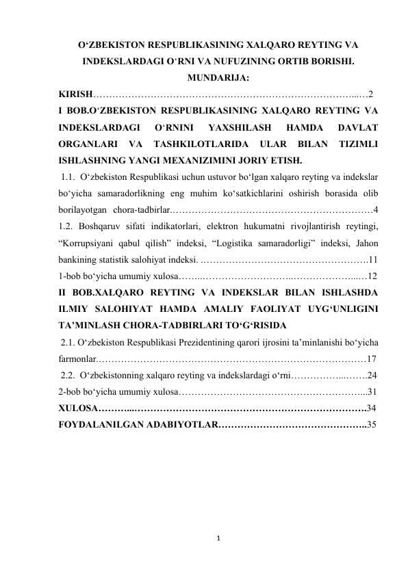 O‘ZBEKISTON RESPUBLIKASINING XALQARO REYTING VA INDEKSLARDAGI O‘RNI VA NUFUZINING ORTIB BORISHI