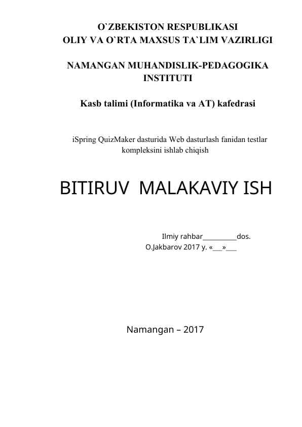 iSpring QuizMaker dasturida Web dasturlash fanidan tеstlar komplеksini ishlab chiqish