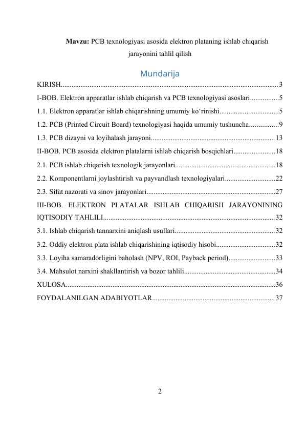 kurs ishi PCB texnologiyasi asosida elektron plataning ishlab chiqarish jarayonini tahlil qilish