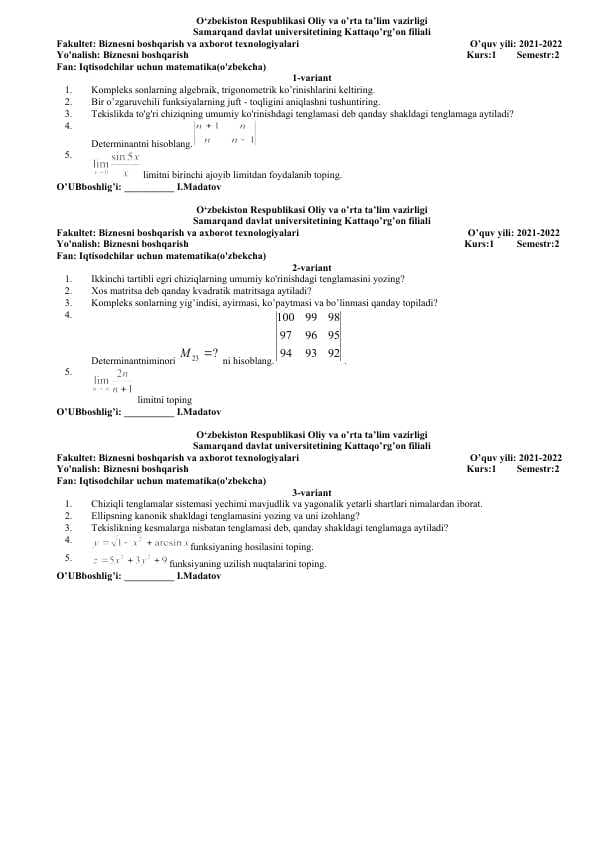 biznesni boshqarish yo'nalishi fanidan test