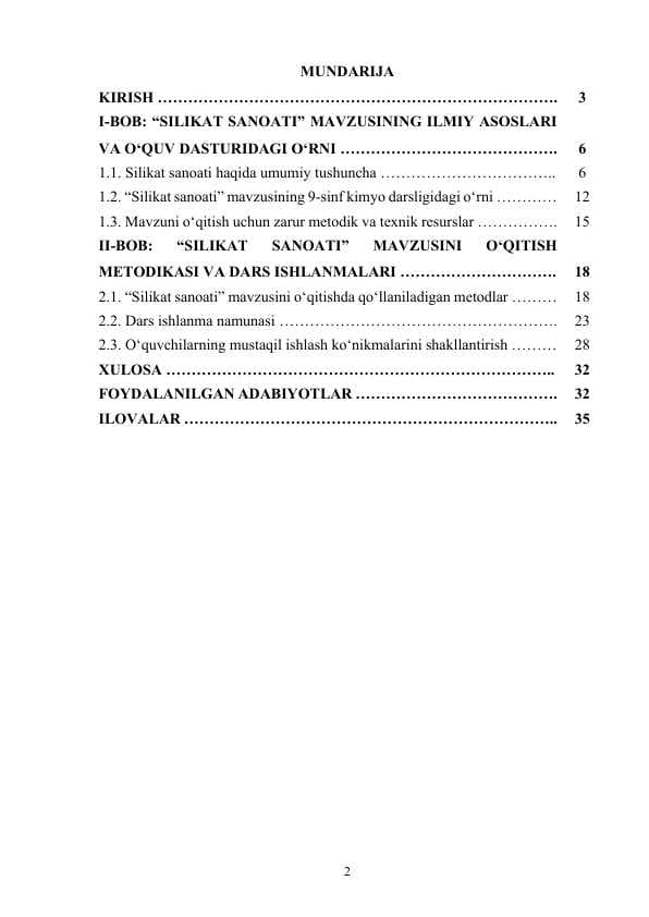 9-sinfda "Silikat sanoati" mavzusini oʻqitish metodikasi