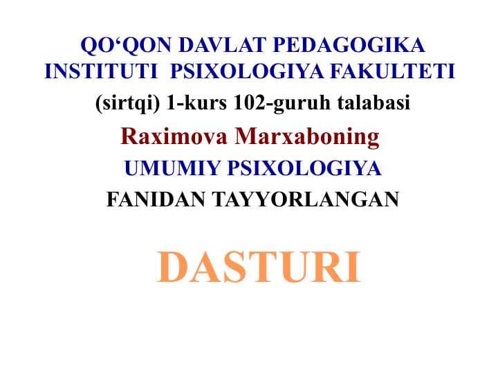 MUTAXASSISLIKKA KIRISH FANIDAN TAYYORLANGAN DASTURI