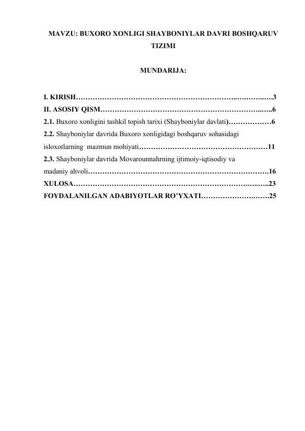 14. BUXORO XONLIGI SHAYBONIYLAR DAVRI BOSHQARUV TIZIMI
