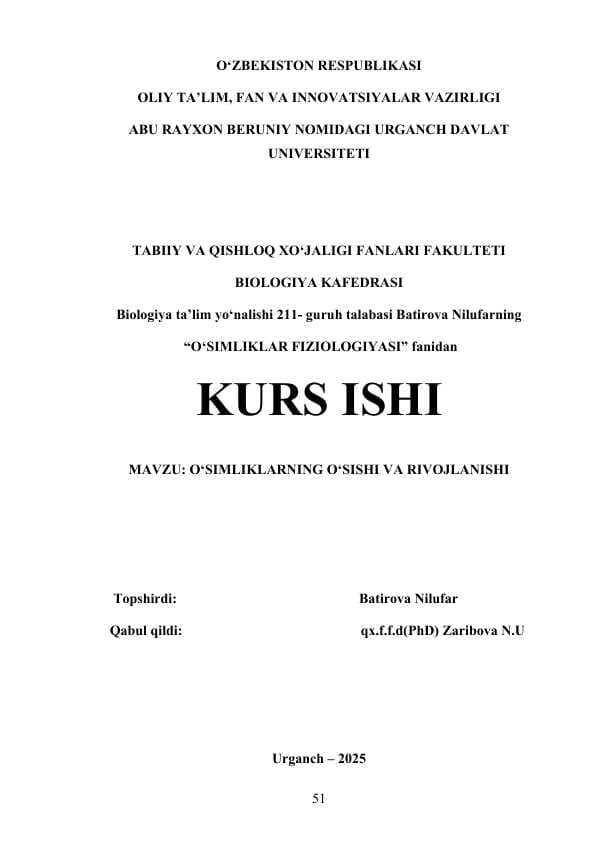 O‘SIMLIKLARNING O‘SISHI VA RIVOJLANISHI