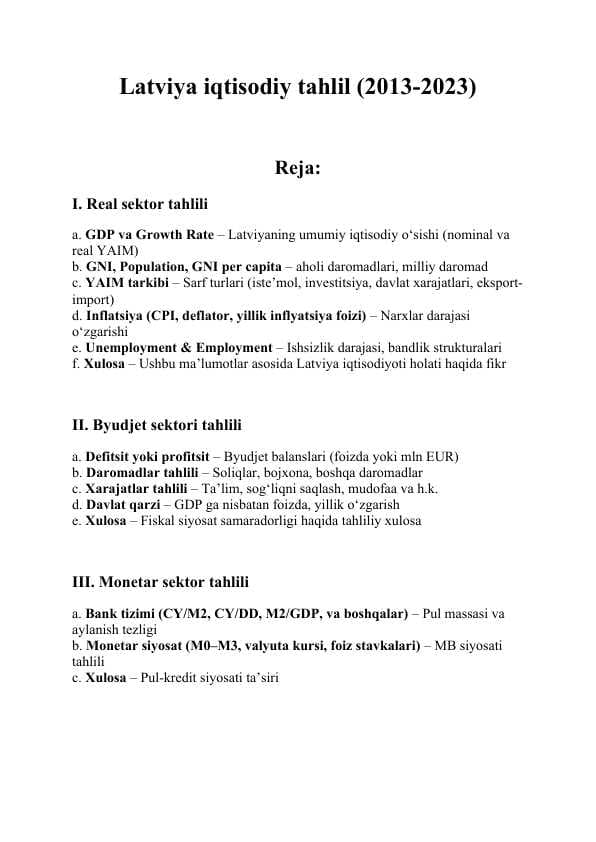 Latviya iqtisodiy tahlili (2013-2023)