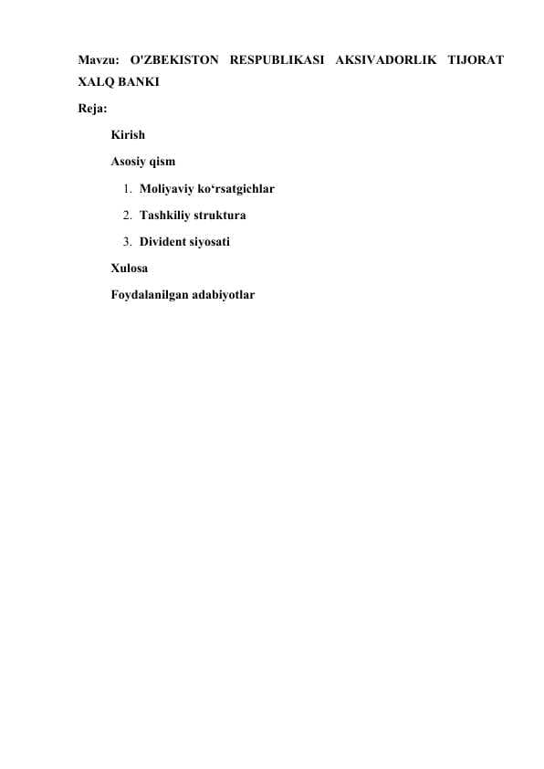 O'ZBEKISTON RESPUBLIKASI AKSIVADORLIK TIJORAT XALQ BANKI