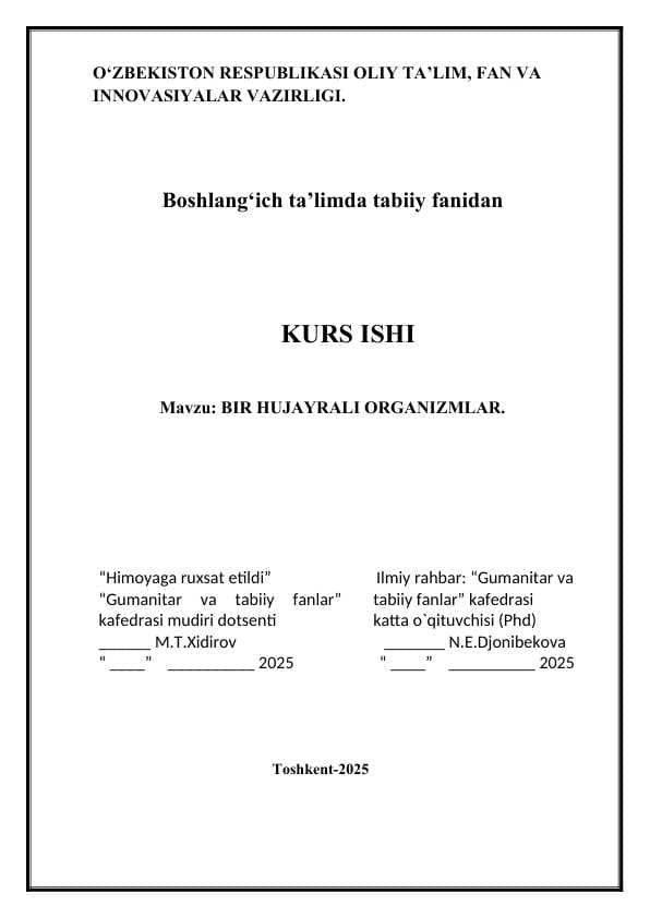 Bir hujayrali organizmlar KURS ISHI