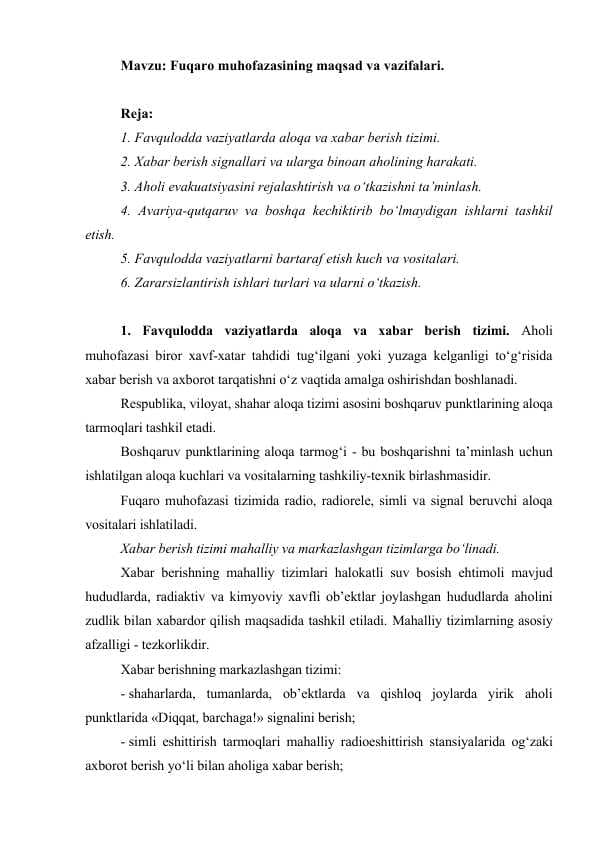 Fuqaro muhofazasining maqsad va vazifalari