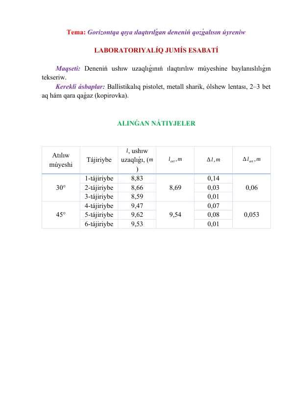 Gorizontqa qıya ılaqtırılǵan deneniń qozǵalısın úyreniw