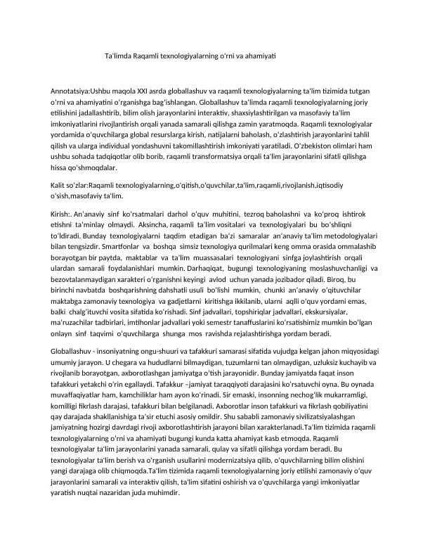 Ta'limda Raqamli texnologiyalar o'rni