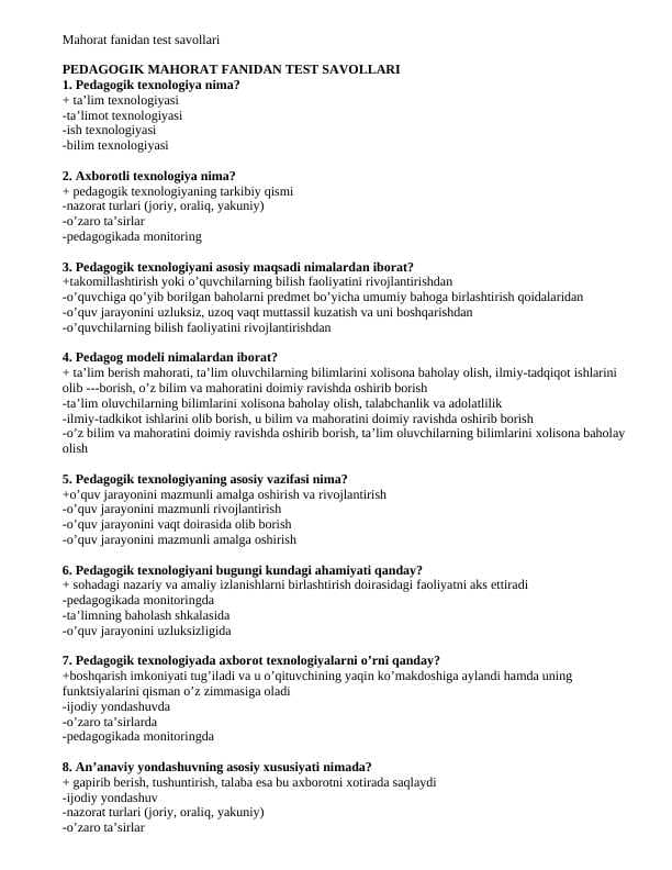 PEDAGOGIK MAHORAT FANIDAN TEST SAVOLLARI