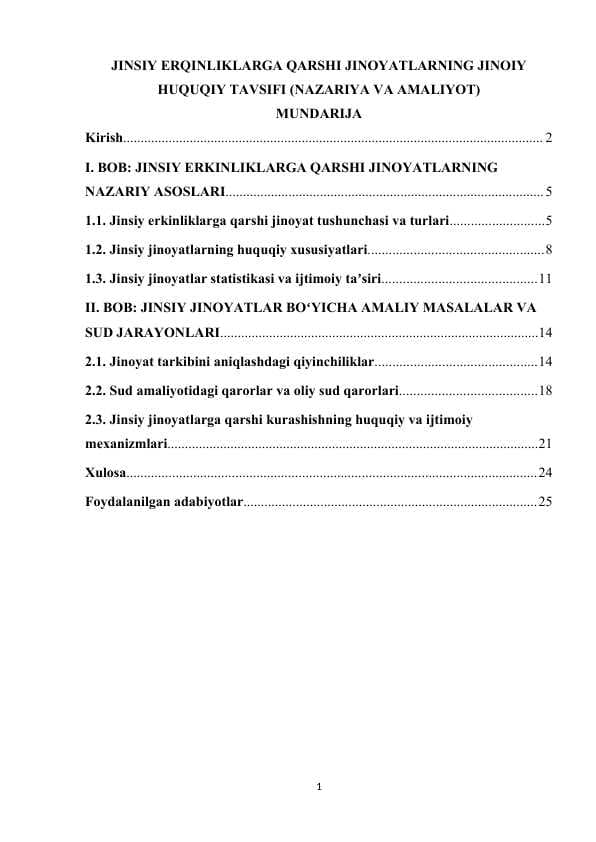JINSIY ERQINLIKLARGA QARSHI JINOYATLARNING JINOIY HUQUQIY TAVSIFI (NAZARIYA VA AMALIYOT)  kurs ishi