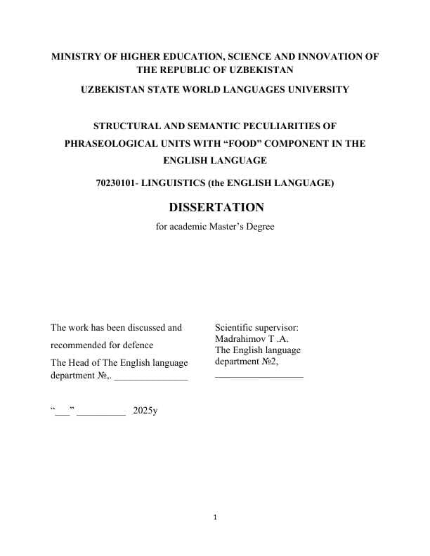 STRUCTURAL AND SEMANTIC PECULIARITIES OF PHRASEOLOGICAL UNITS WITH “FOOD” COMPONENT IN THE ENGLISH LANGUAGE
