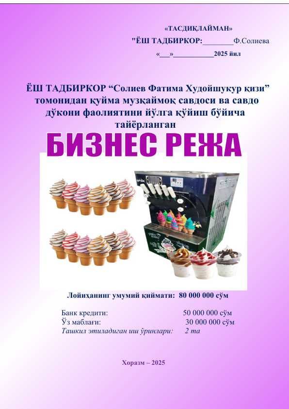 Қуйма музқаймоқ савдоси ва савдо дўкони фаолиятини йўлга қўйиш бизнес режаси