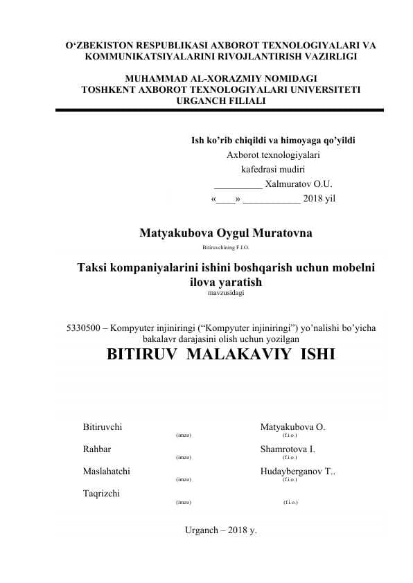 Taksi kompaniyasini boshqaruvchi platforma haqida Bitiruv malaka ishi