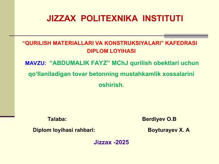 Tovar betonning mustahkamlil xossalarini oshirish