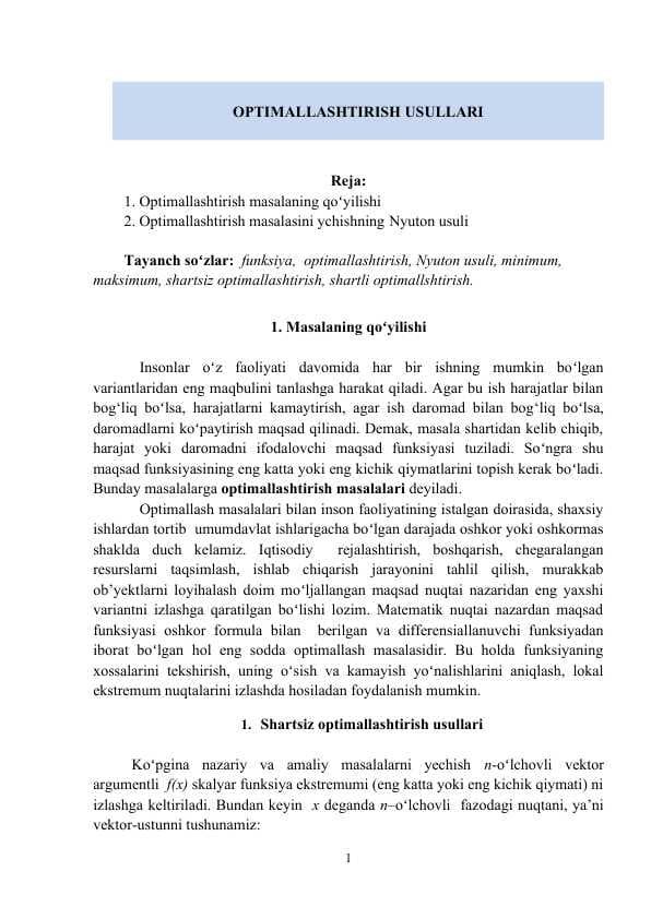 OPTIMALLASHTIRISH USULLARI