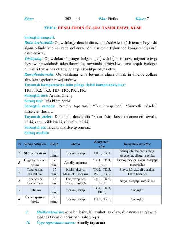 Denelerdiń óz ara tásirlesiwi. Kúsh