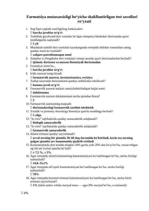Agros savollar farmatsiya mutahasisligi buyicha shakllantirilgan test savollar va javoblari