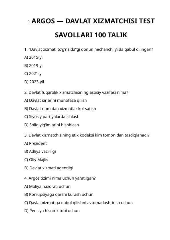 ARGOS — DAVLAT XIZMATCHISI TEST SAVOLLARI 100 TALIK.docx