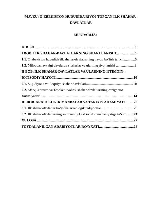 O‘ZBEKISTON HUDUDIDA RIVOJ TOPGAN ILK SHAHAR-DAVLATLAR