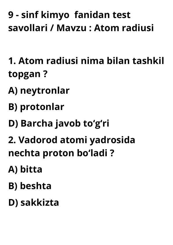 9-sinf | Kimyo fanidan | Test savollari | Atom radiusi mavzusi boʻyicha tuzilgan
