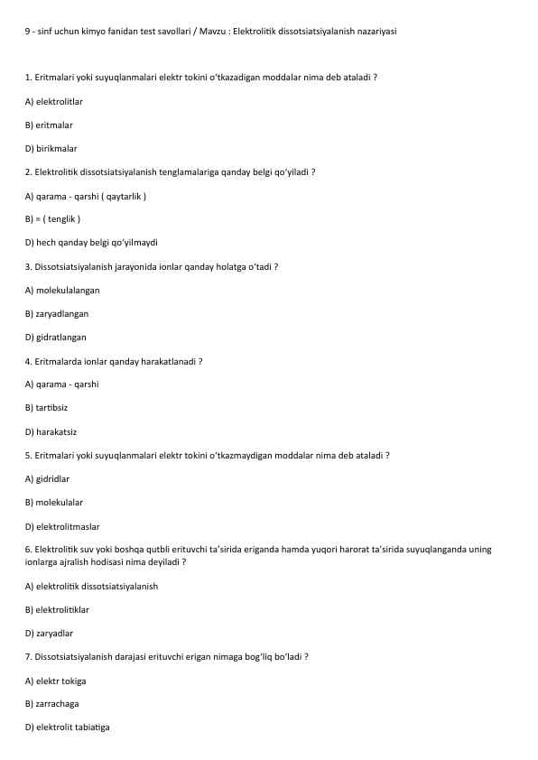 9 - sinf uchun / Kimyo fanidan test savollari / Elektrolitik dissotsiatsiyalanish nazariyasi mavzusi boʻyicha tuzilgan 20 ta test