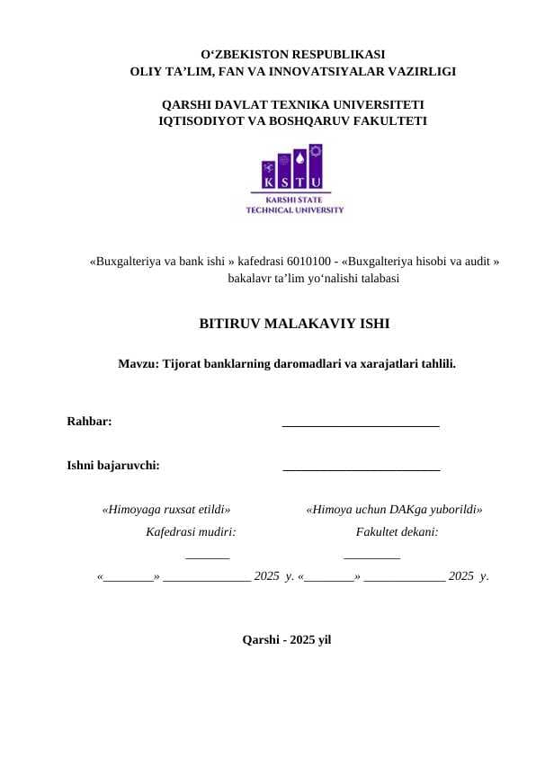 Tijorat banklarning daromadlari va xarajatlari tahlili (Hamkor bank misolida)