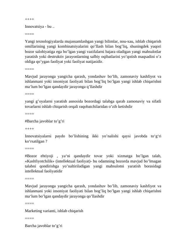 Innovatsion Iqtisodiyot fanidan yakuniy test savollari va javoblari .