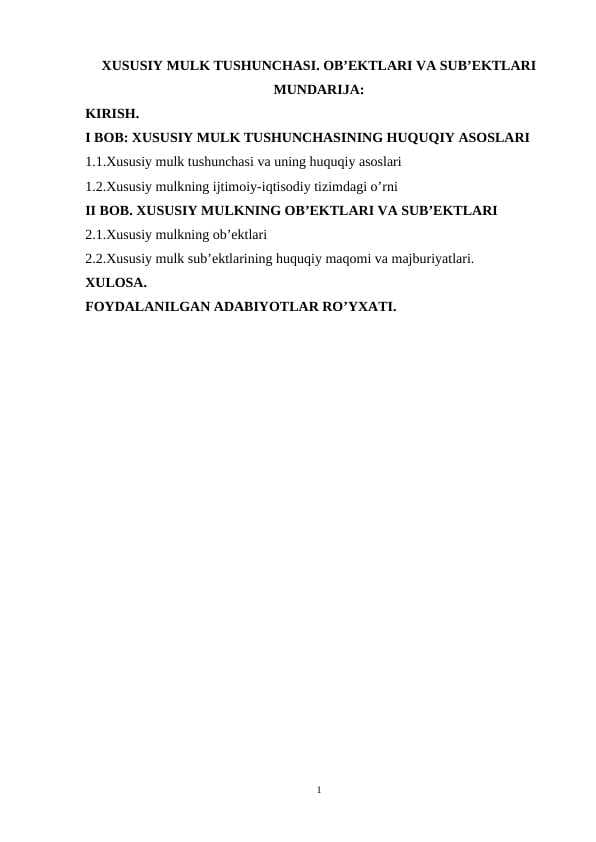 Xususiy mulk tushunchasi. ob’ektlari va sub’ektlari