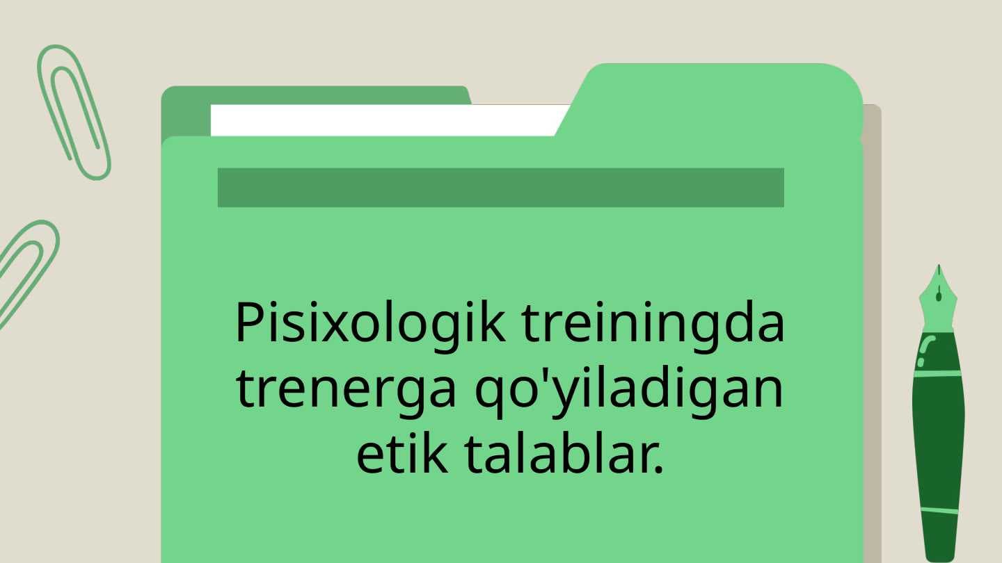 Pisixologik treiningda trenerga qo'yiladigan etik talablar.