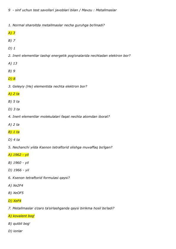 9 - sinf uchun Kimyo kimyo fanidan test savollari / Mavzu : Metallmaslar  20 ta test