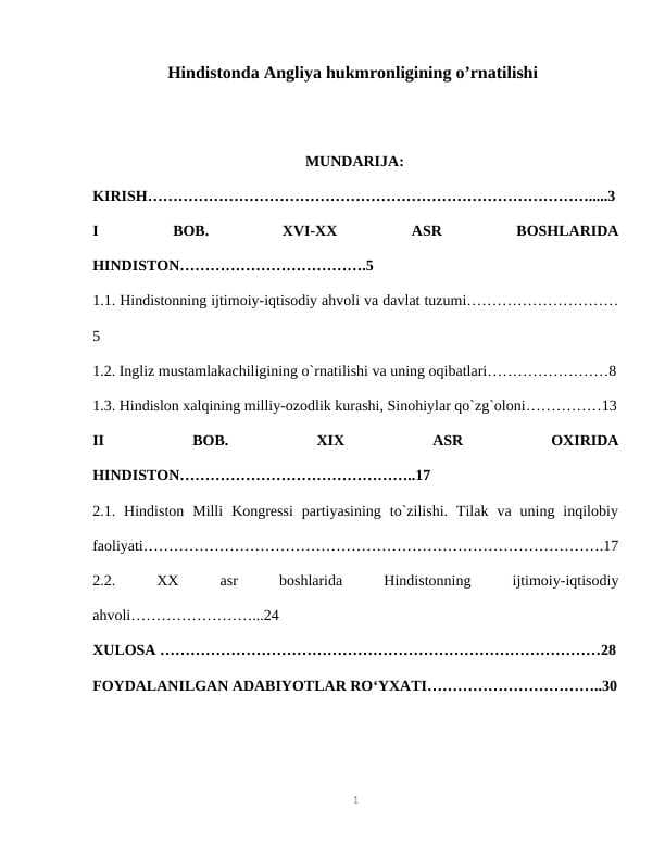 Hindistonda Angliya hukmronligining o’rnatilishi